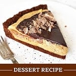 Brown and white text overlay on two images of sliced and glazed peanut butter fudge tart.