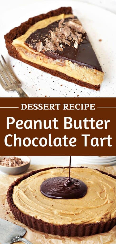 Brown and white text overlay on two images of sliced and glazed peanut butter fudge tart.