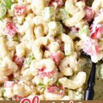Brown, white and red text overlay on classic macaroni pasta salad.
