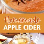 Orange, white and brown text overlay on two images of cup and teapot with apple cider.