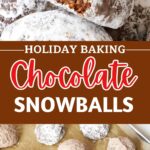 Red, white and brown text overlay on two images of bitten and whole chocolate butterball cookies.