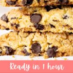 Brown, pink and white text overlay on stack of chocolate chip scones.