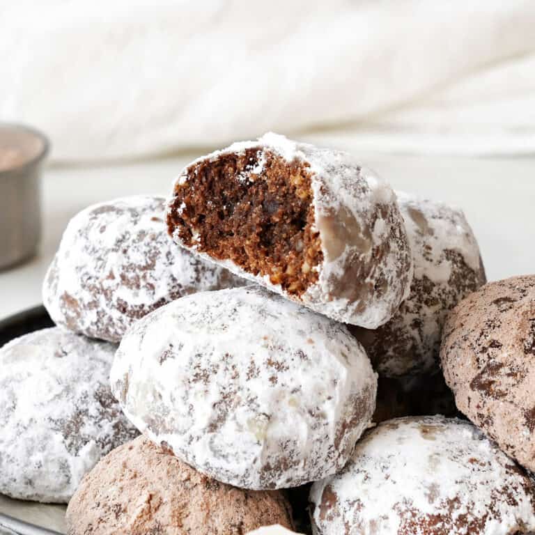 Pile of chocolate powdered sugar cookies, top one is bitten. White background.