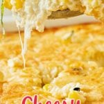 Brown, red and white text overlay on a spoon of cheesy corn pudding.