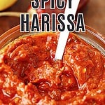 Black and white text overlay on glass jar with harissa paste.