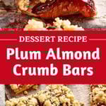 Red and white text overlay on two images of plum crumb bars.