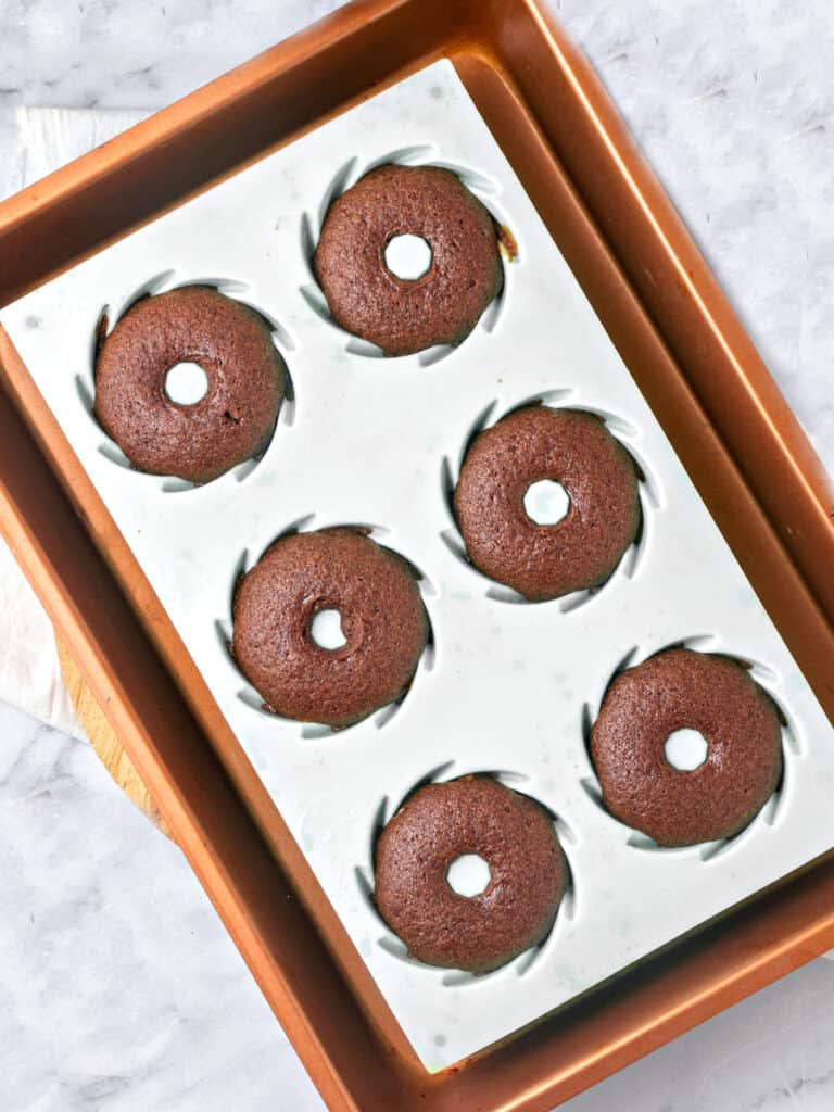 Light gray mini bundt pan with chocolate cakes. Gray background.