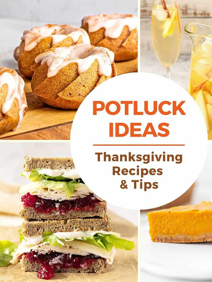 White, brown and orange text overlay on four images of Thanksgiving dishes.