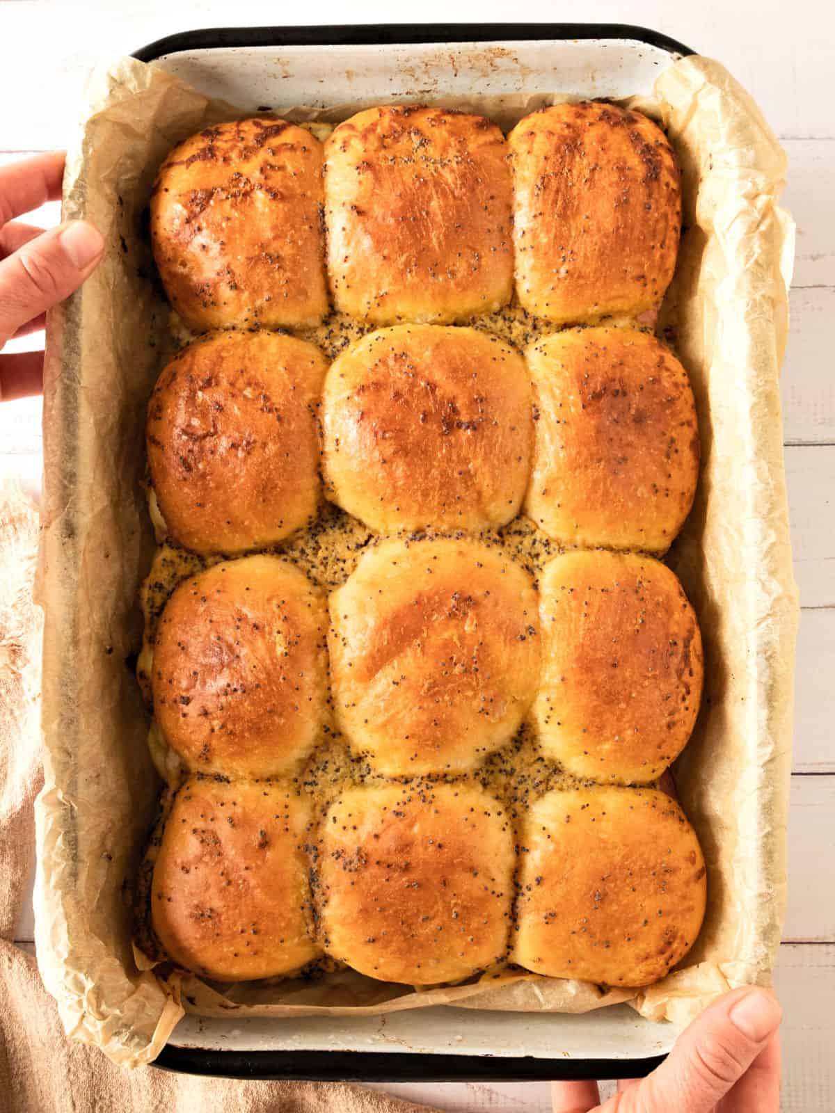 Baked poppy seed sliders in an enameled rectangular dish. Top view. 