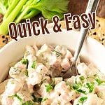 Red, white and brown text overlay on white bowl with ham salad.