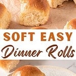 Brown and white text overlay on two images of whole and halved dinner rolls.