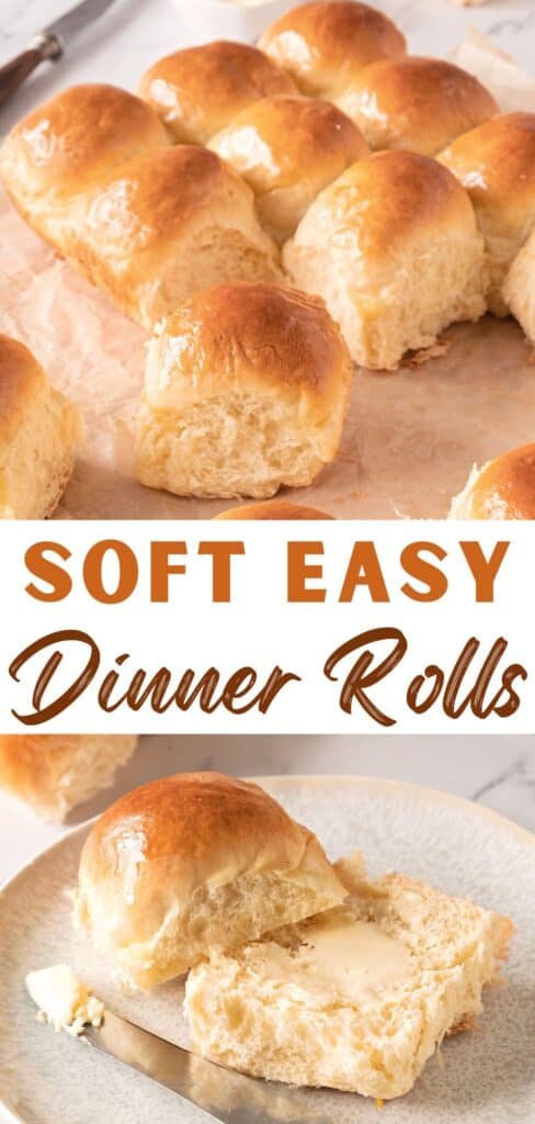 Brown and white text overlay on two images of whole and halved dinner rolls.