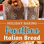 Brown, teal and white text overlay on two images of whole and sliced panettone.