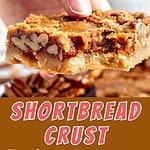 Brown, white and red text overlay on two images of shortbread crust and bitten pecan bars.
