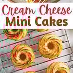 Brown, white and red text overlay on two images of glazed and plain mini bundt cakes.