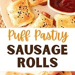 Black, orange and white text overlay on two images of sausage rolls with ketchup sauce.