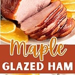 Brown and white text overlay on two images of whole sliced and forked glazed ham.