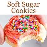 Brown, pink and white text overlay on two images of whole and bitten frosted sugar cookies.