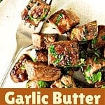 Brown and white text overlay on two images of steak bites on a white plate.