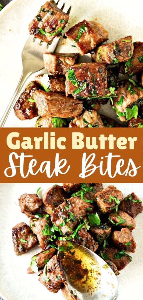 Brown and white text overlay on two images of steak bites on a white plate.