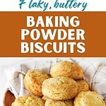 Brown, white and green text overlay on two images of pile and halved biscuits.