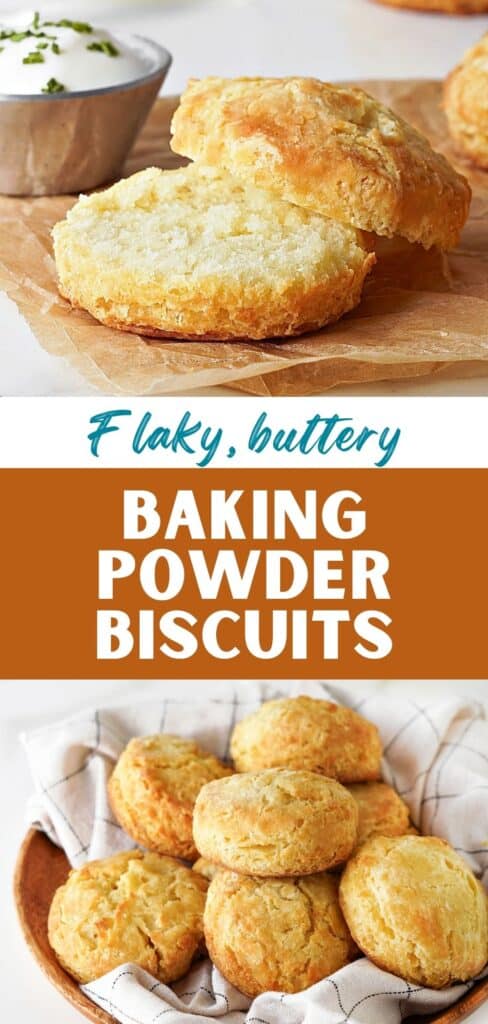 Brown, white and green text overlay on two images of pile and halved biscuits.