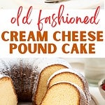 Brown, red and white text overlay on two images of sliced vanilla bundt cake.