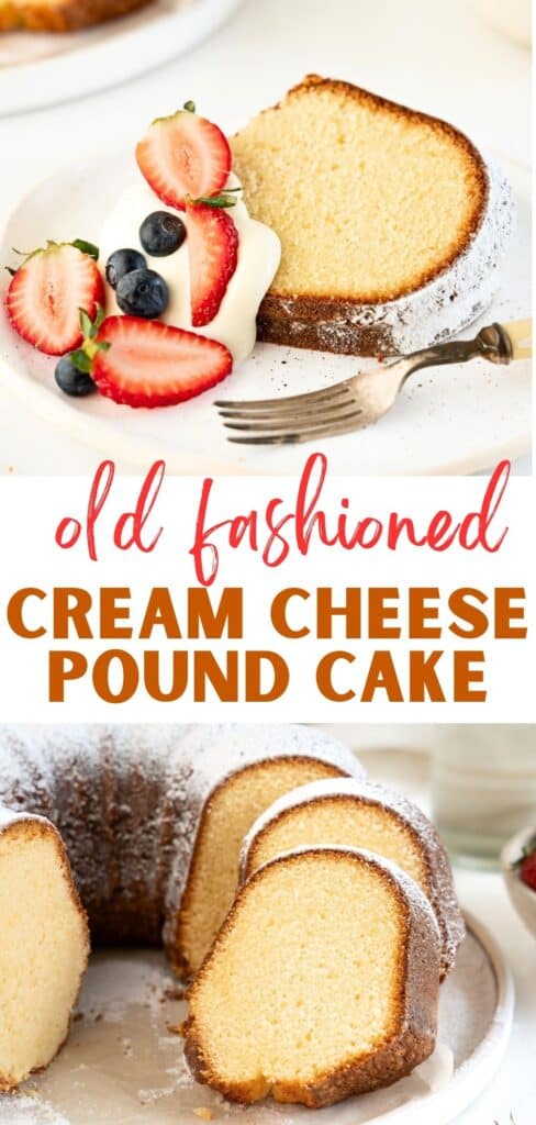 Brown, red and white text overlay on two images of sliced vanilla bundt cake.