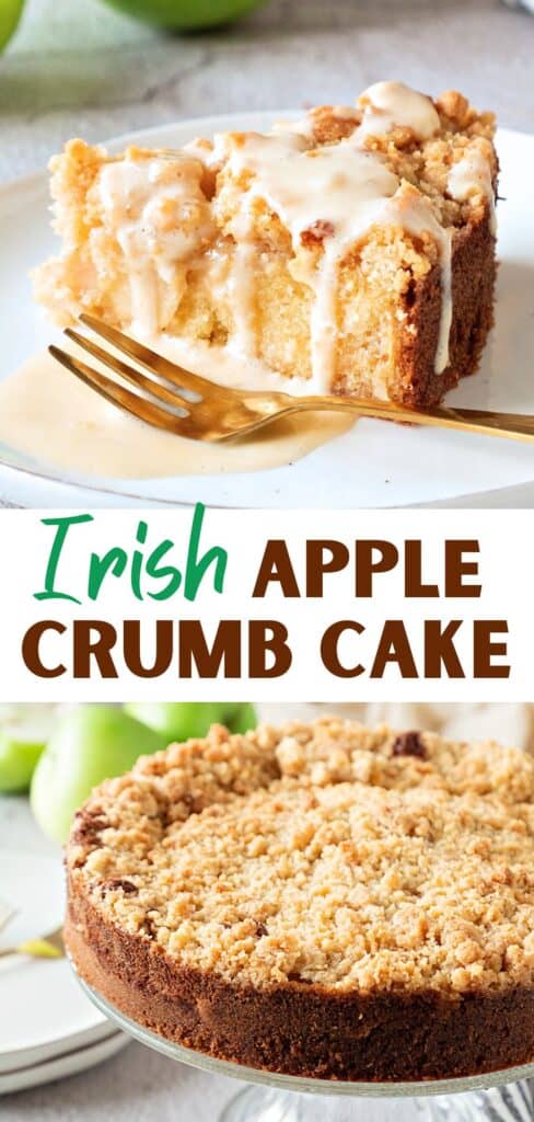 Green, white and brown text overlay on two images of sliced and whole apple crumb cake.