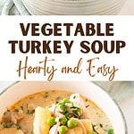 Brown and white text overlay on two images of bowls of turkey vegetable soup.