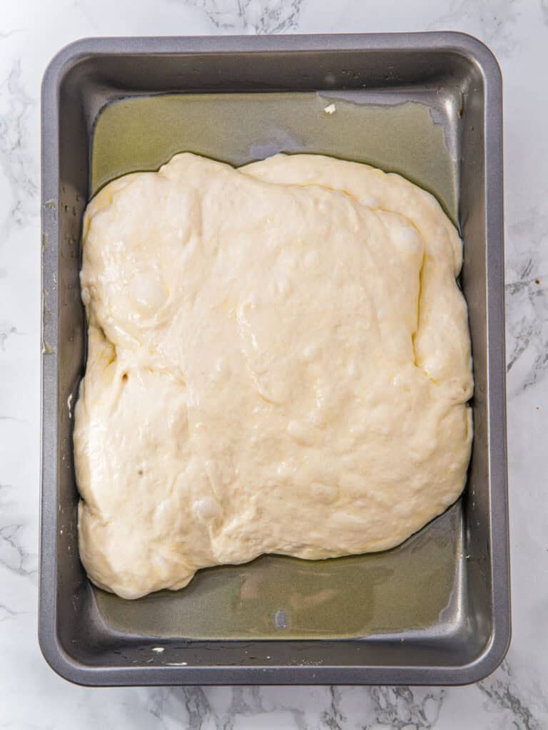 Blob of focaccia dough in oiled rectangular baking pan. Top view.
