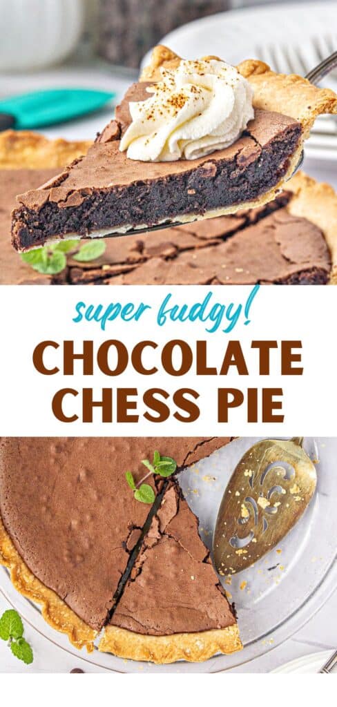 Brown, blue and white text overlay on two images of slice and whole chocolate chess pie.