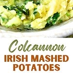 Green, brown and white text overlay on mashed potatoes with kale.