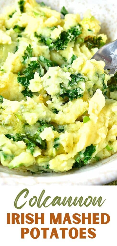 Green, brown and white text overlay on mashed potatoes with kale.