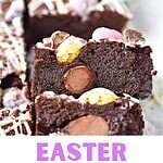 Purple, brown and white text overlay on two images of mini egg brownies.