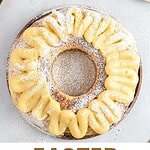 Brown, white and pink text overlay on two images of whole and sliced Easter bread ring.