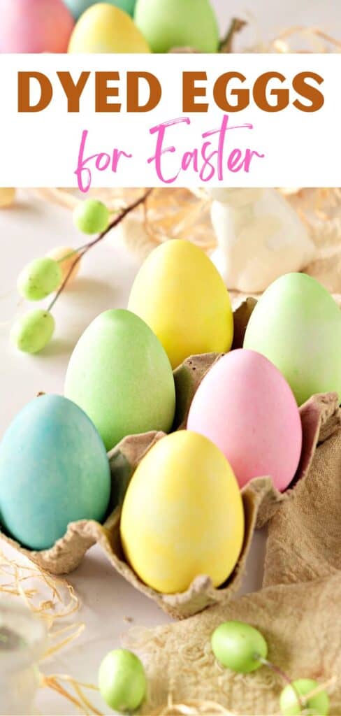 Brown, pink and white text overlay on cartoon with colored eggs.