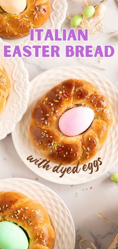 Lilac and brown text overlay on white plates with Easter braids with colored eggs.