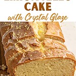 Brown and white text overlay on two images of sliced glazed limoncello pound cake.