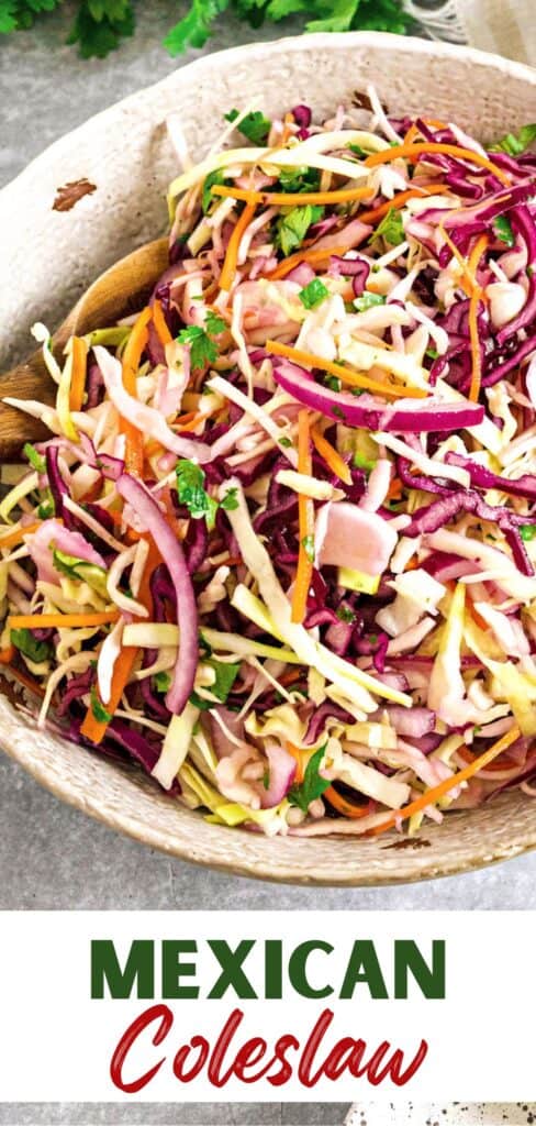 Green, red and white text overlay on coleslaw in a white bowl.