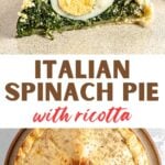 Brown, red and white text overlay on two images of sliced and whole spinach pie.