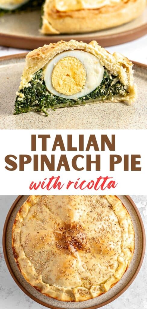 Brown, red and white text overlay on two images of sliced and whole spinach pie.