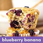 Purple, brown and white text overlay on two images of whole and bitten oat blueberry banana muffins.