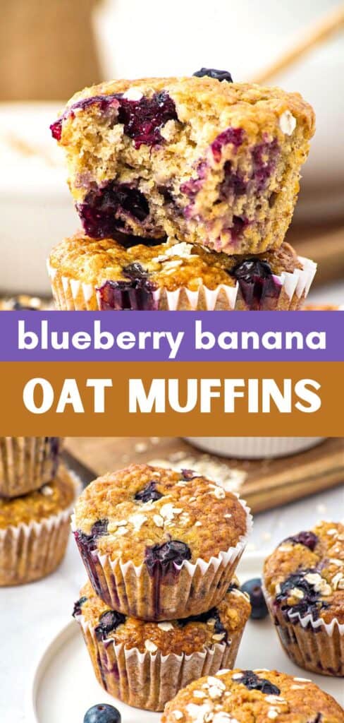 Purple, brown and white text overlay on two images of whole and bitten oat blueberry banana muffins.