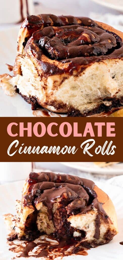 Brown, pink and white text overlay on two images of chocolate cinnamon rolls.