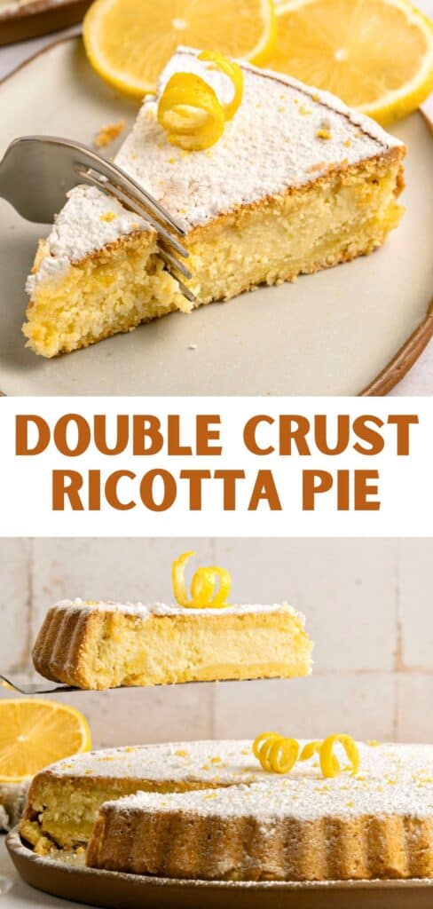 Brown and white text overlay on two images of whole and slice of lemon ricotta pie.