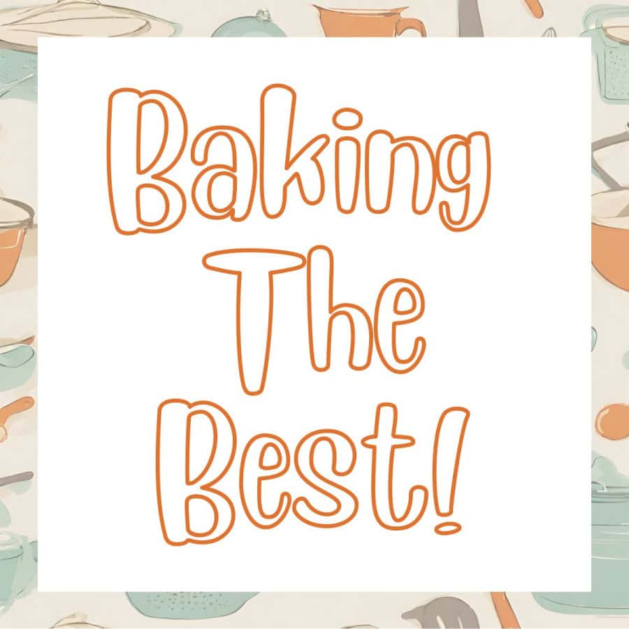 Illustration of vintage utensils background with white and orange text overlay.