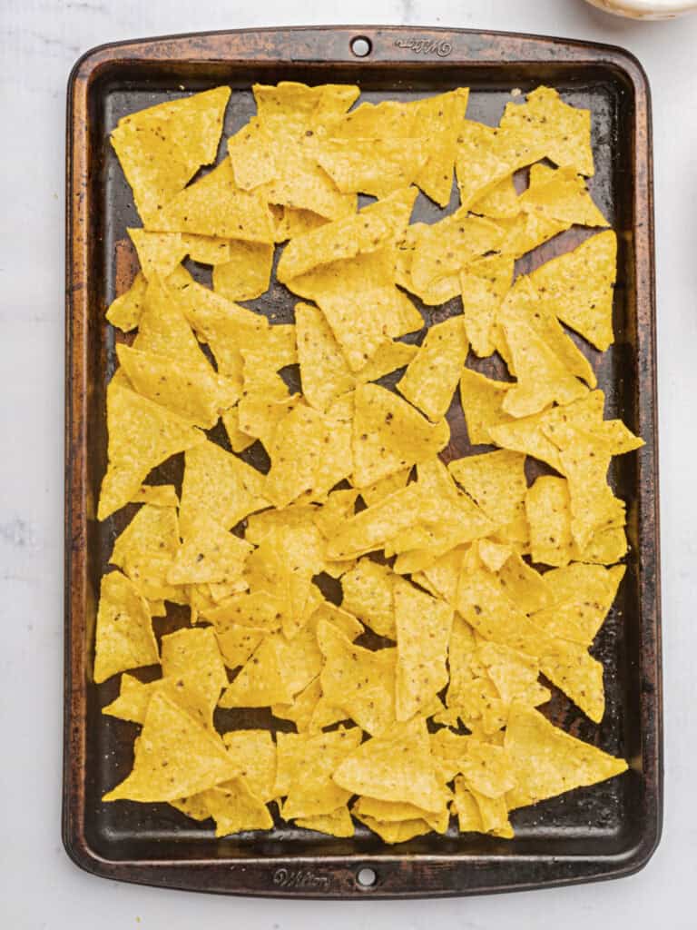 Layer or corn chips on a metal baking tray. Top view.