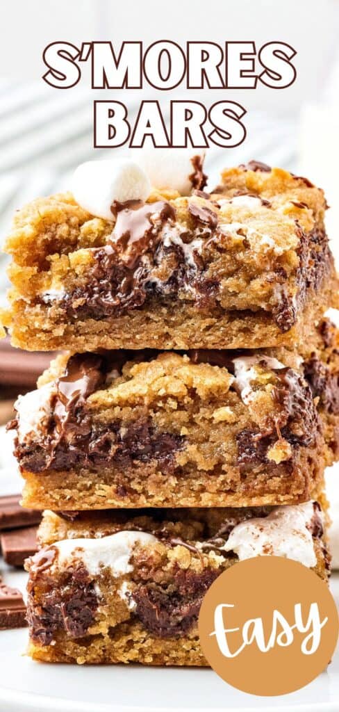 White and brown text overlay on stack of three s'mores bars.