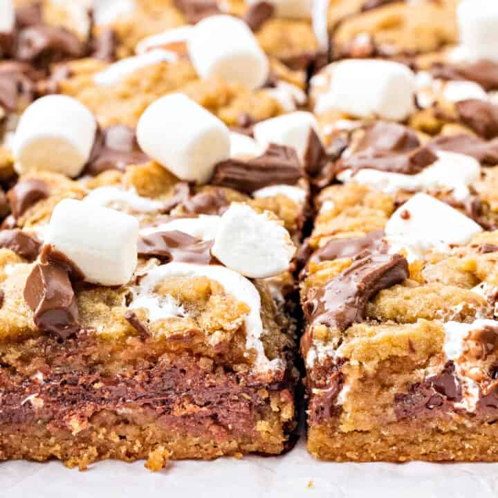 Two rows of s'mores bars on white parchment paper.